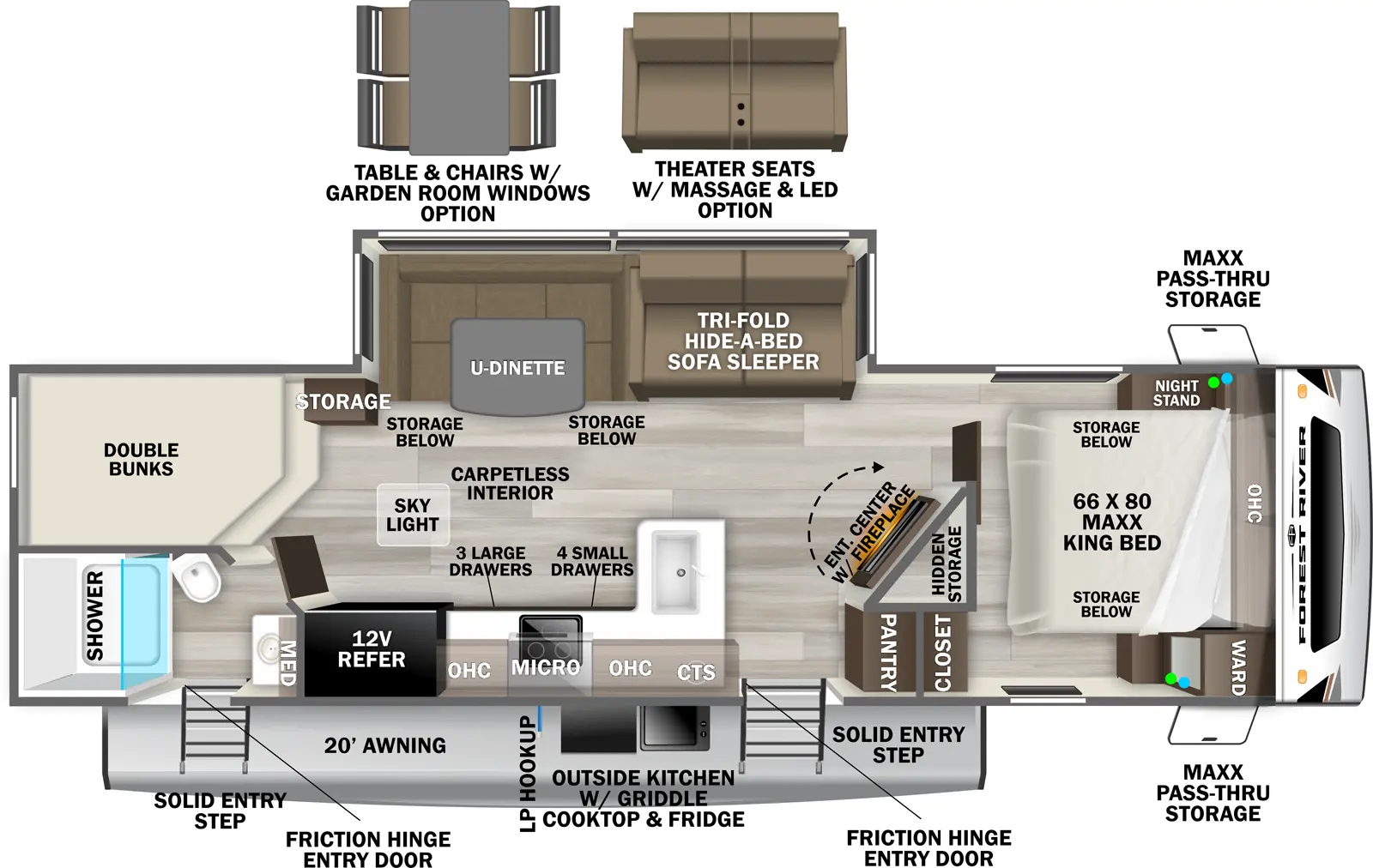 The Wildcat Travel Trailers 264BHX floorplan has two entries and one slide out. Exterior features include: fiberglass exterior, 20' awning and outside kitchen. Interiors features include: bunk beds, free-standing dinette option, u-dinette and front bedroom.